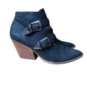 Franco Sarto Black Suede Granton Western Buckle Heeled Ankle Bootie - Size 9.5